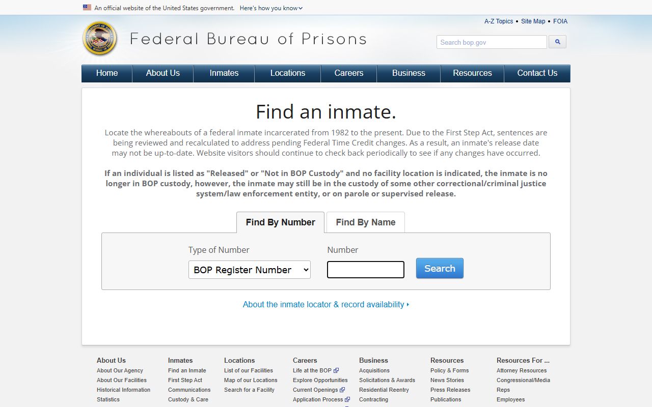 Federal BOP inmate locator search fields for FCI Danbury Fairfield County inmate lookup