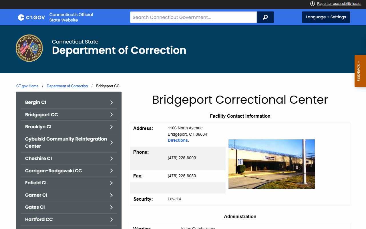 Bridgeport Correctional Center official Fairfield County inmate facility page