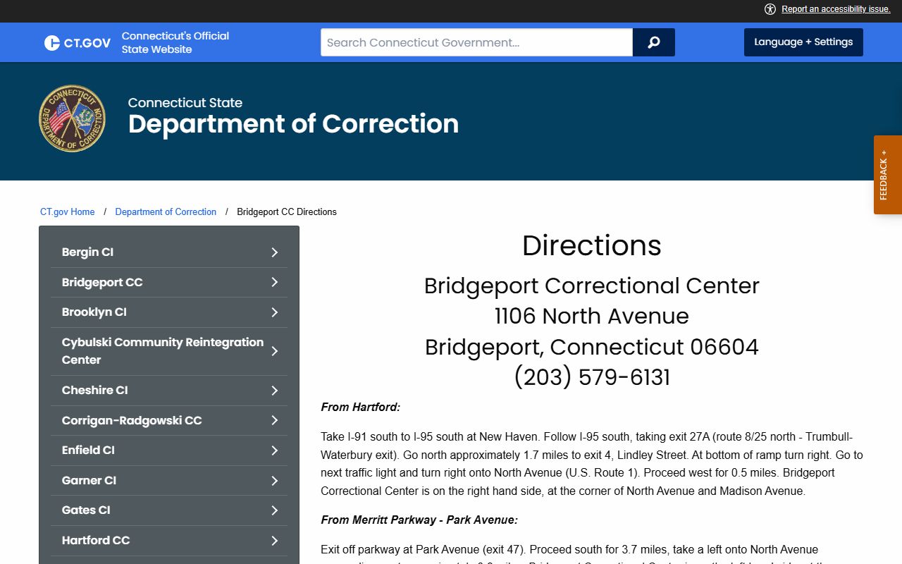 Bridgeport Correctional Center directions page for Fairfield County inmate visits