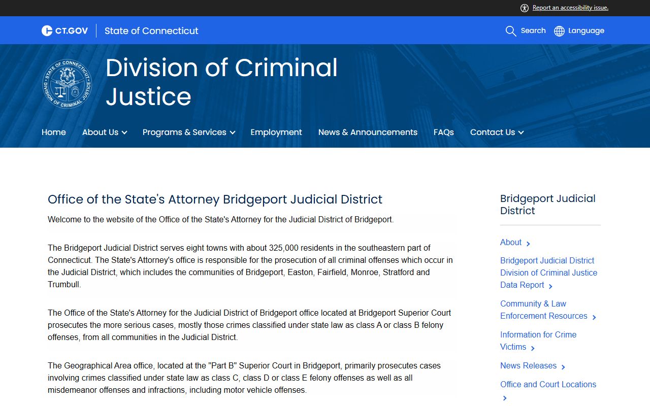 Fairfield County Bridgeport State's Attorney office page for court records after an arrest