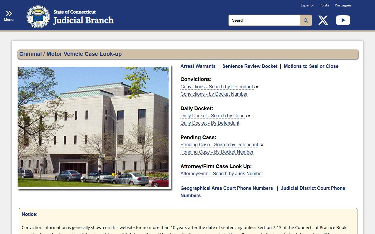 Fairfield County Connecticut criminal court records case lookup landing page