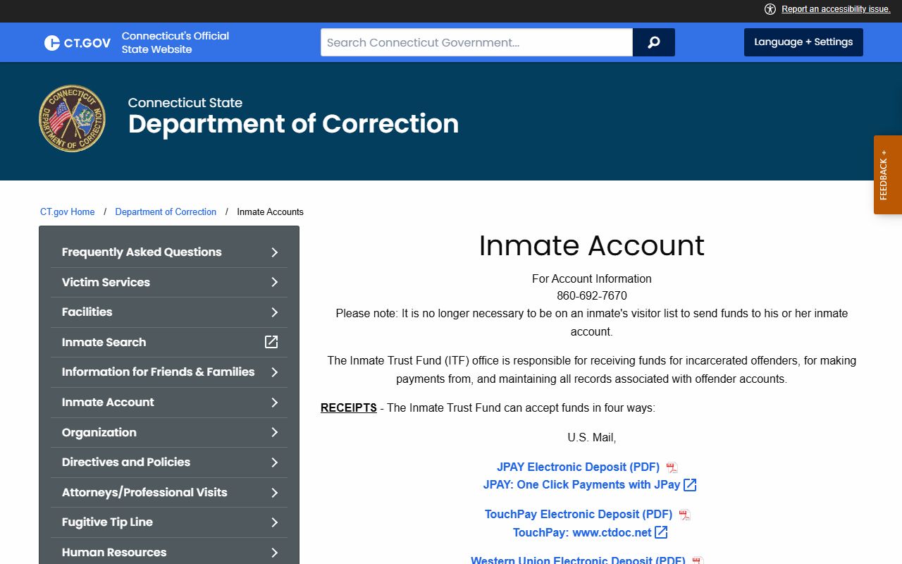 Fairfield County CT DOC inmate accounts page for sending money to inmate records held in custody