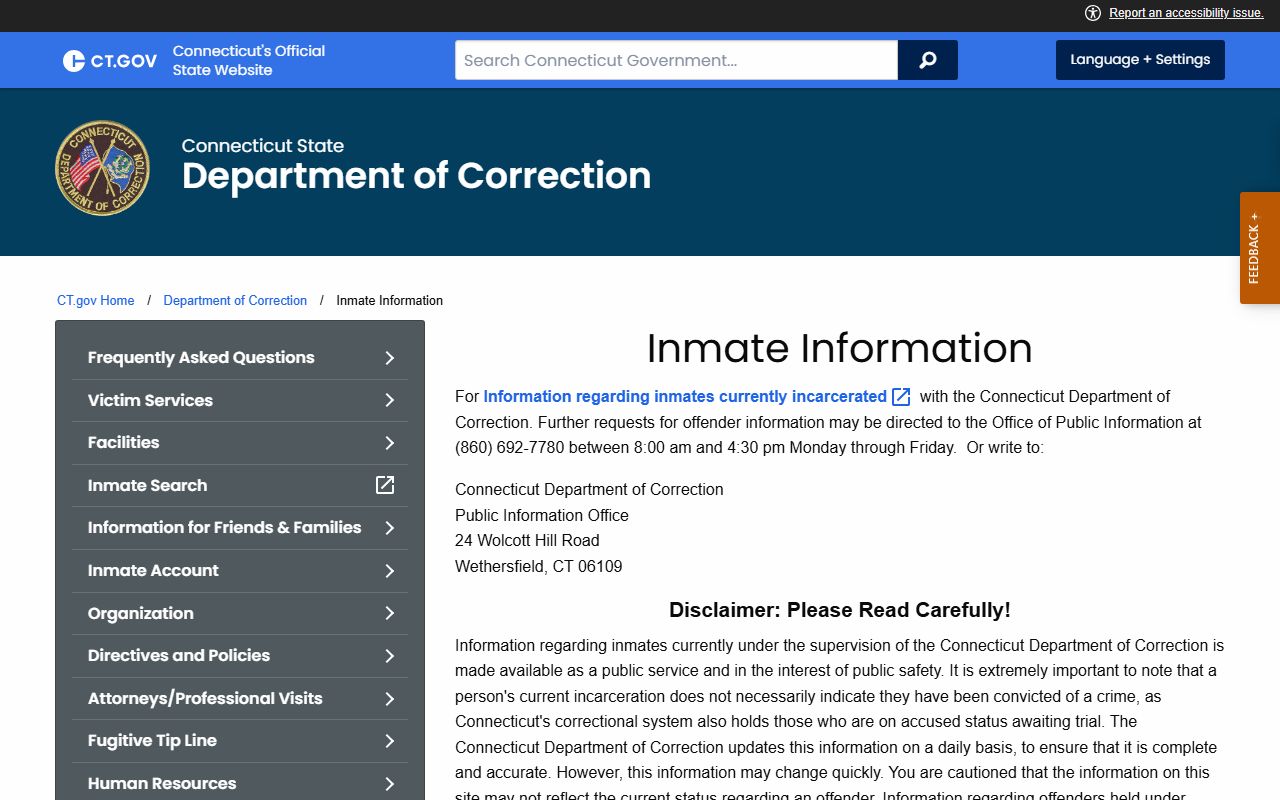 Fairfield County CT DOC inmate information page showing inmate records disclaimer and daily update notice