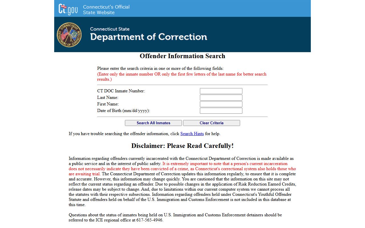 Official CT DOC inmate search used to look up the Fairfield County inmate population