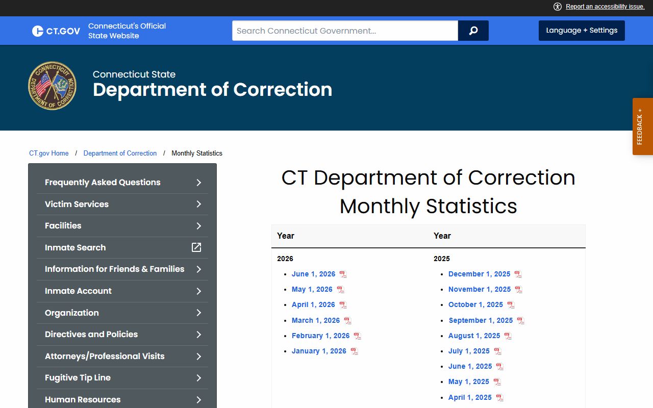 CT DOC monthly statistics archive tracking the Fairfield County inmate population over time