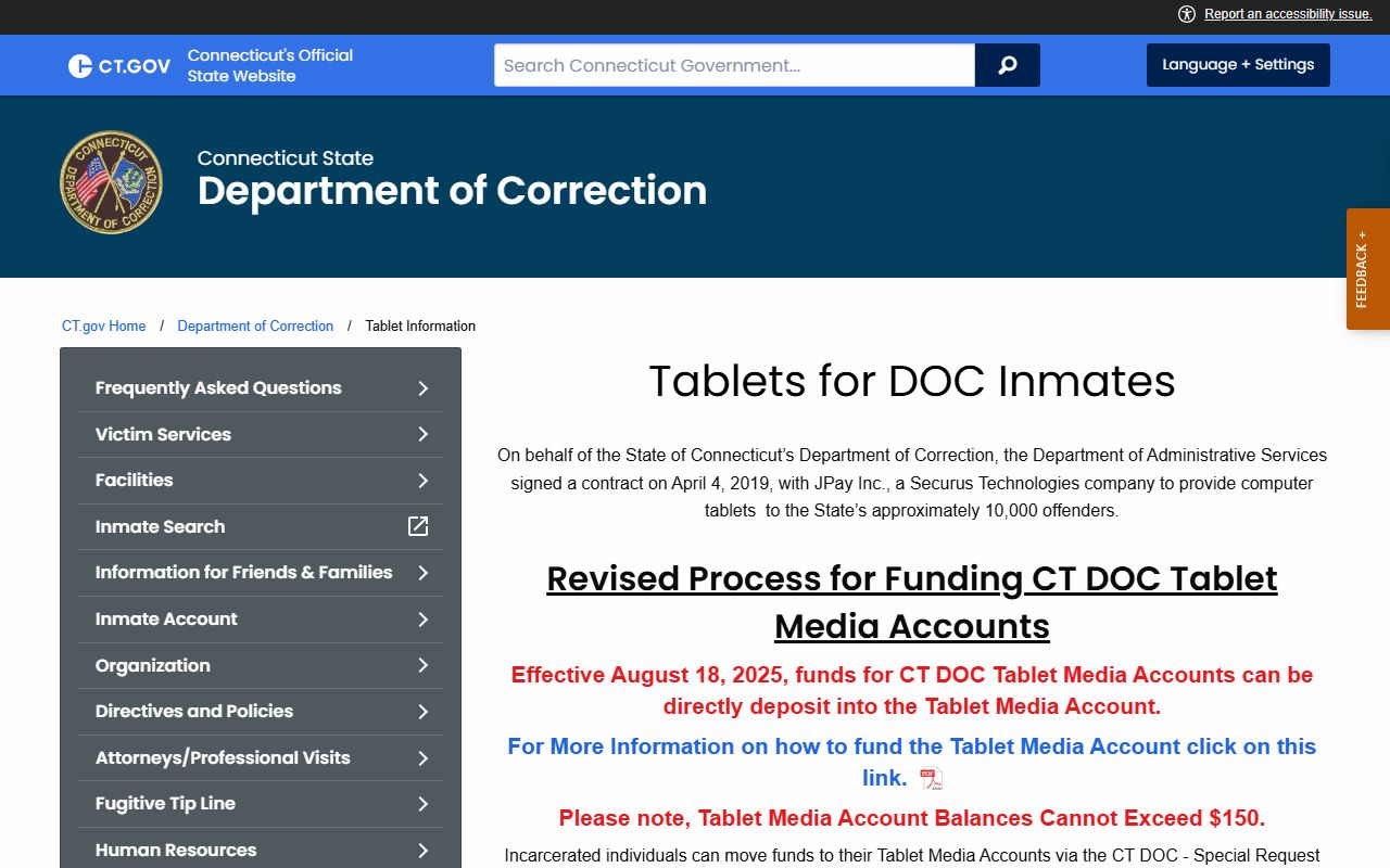 CT DOC tablet information for Fairfield County inmate messaging and deposits