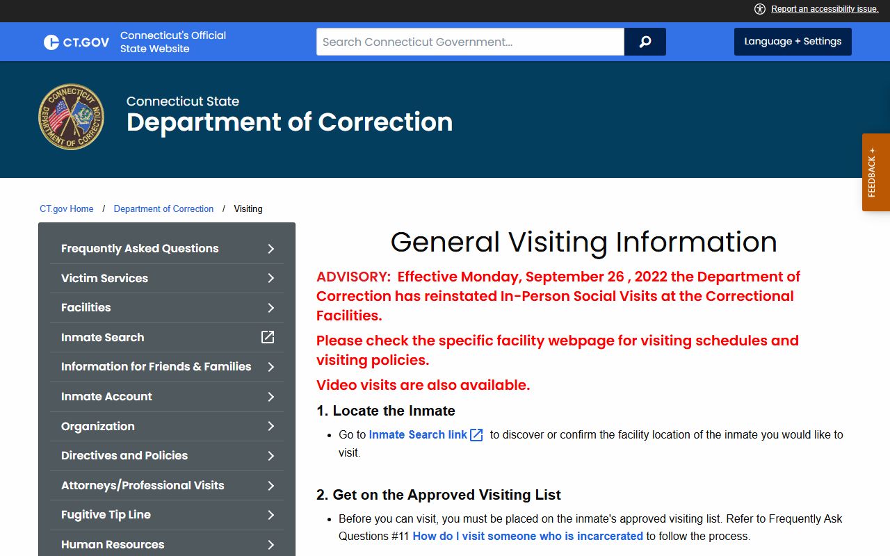Fairfield County CT DOC statewide visiting rules page for inmate records visits