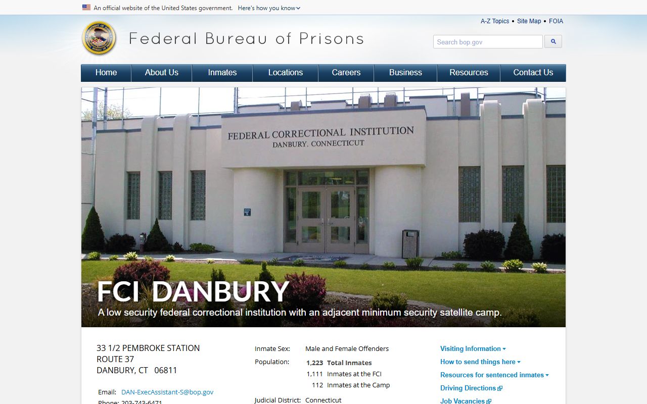 FCI Danbury official Bureau of Prisons federal inmate facility page in Fairfield County