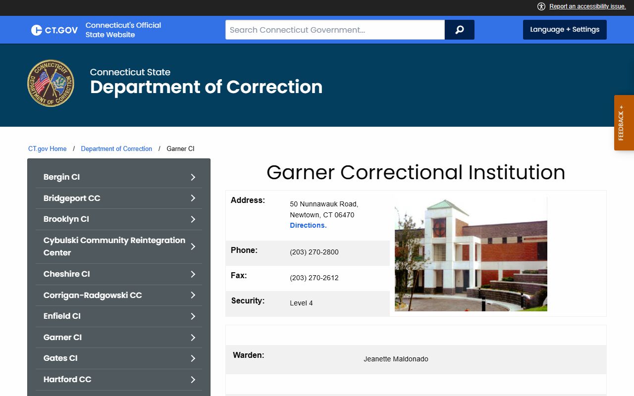 Garner Correctional Institution official Fairfield County inmate facility page