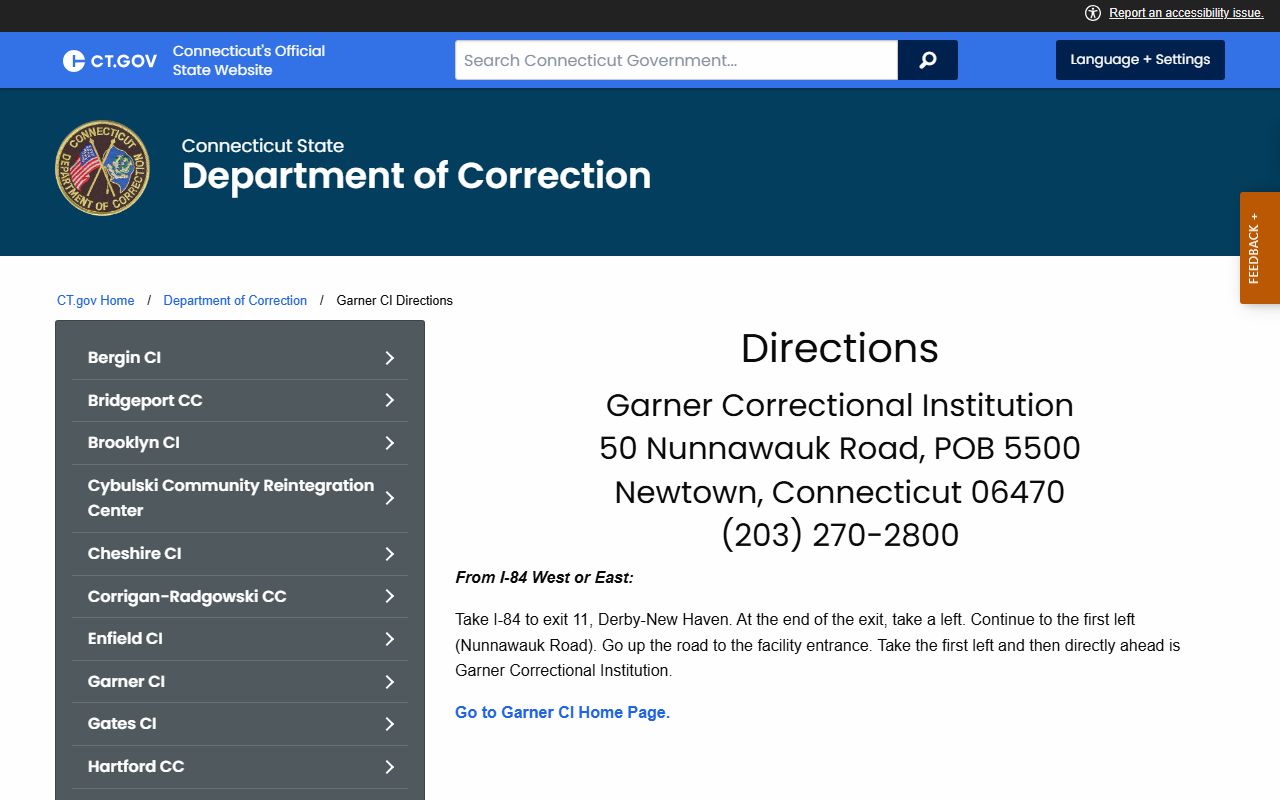 Garner Correctional Institution directions page for Fairfield County inmate visits