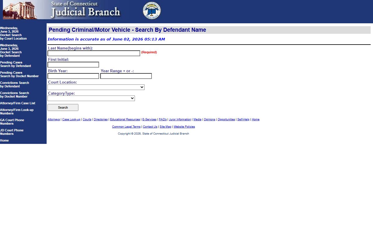 Fairfield County pending criminal case defendant search form for court records after an arrest